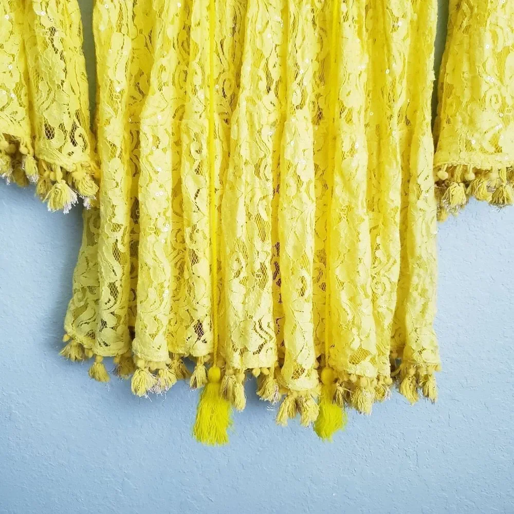 Antica Sartoria by Giacomo Cinque Yellow Lace Beaded Pom Pom Mini Dress